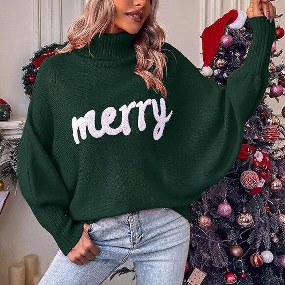 Oversized Christmas Green Sweater Women 2025 Merry Turtleneck Batwing Sleeve - Picture 4 of 7